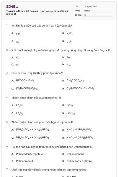 Tuyển tập đề thi minh họa môn Hóa Học cực hay có lời giải (đề số 3)