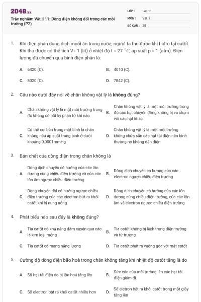 Trắc nghiệm Vật lí 11: Dòng điện không đổi trong các môi trường (P2)