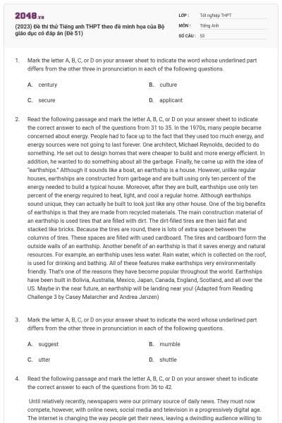 (2023) Đề thi thử Tiếng anh THPT theo đề minh họa của Bộ giáo dục có đáp án (Đề 51)