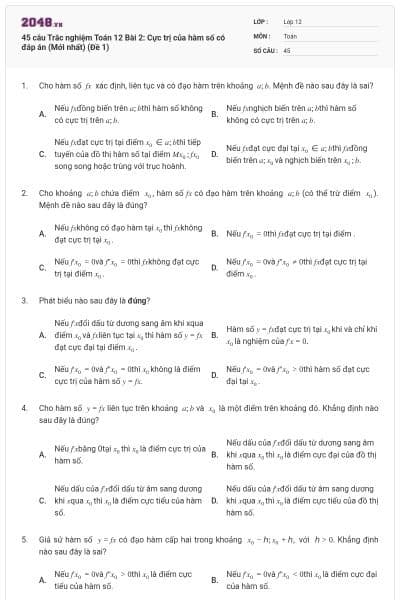 45 câu Trắc nghiệm Toán 12 Bài 2: Cực trị của hàm số có đáp án (Mới nhất) (Đề 1)