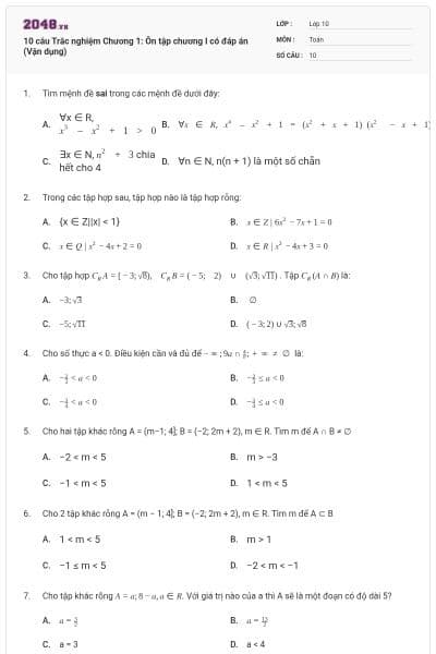 10 câu  Trắc nghiệm Chương 1: Ôn tập chương I có đáp án (Vận dụng)