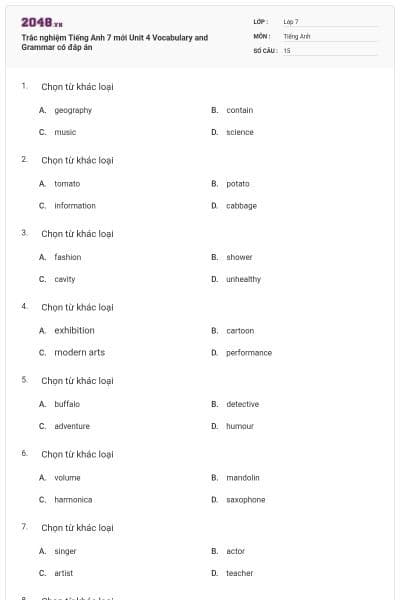 Trắc nghiệm Tiếng Anh 7 mới Unit 4 Vocabulary and Grammar có đáp án