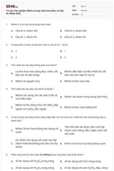 15 câu Trắc nghiệm Nhôm và hợp chất của nhôm có đáp án (Nhận biết)