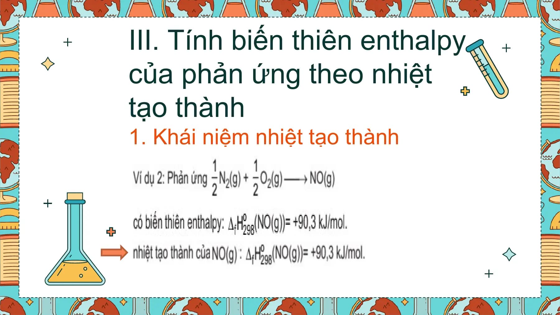 III. Tính biến thiên enthalpy
của phản ứng theo nhiệt
tạo thành
1. Khái niệm nhiệt tạo thành