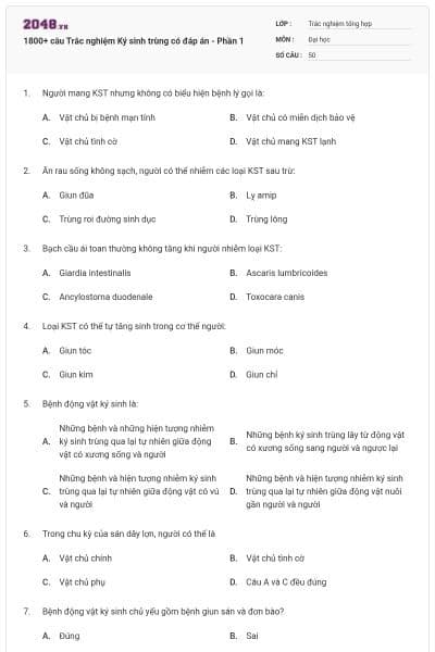 1800+ câu Trắc nghiệm Ký sinh trùng có đáp án - Phần 1