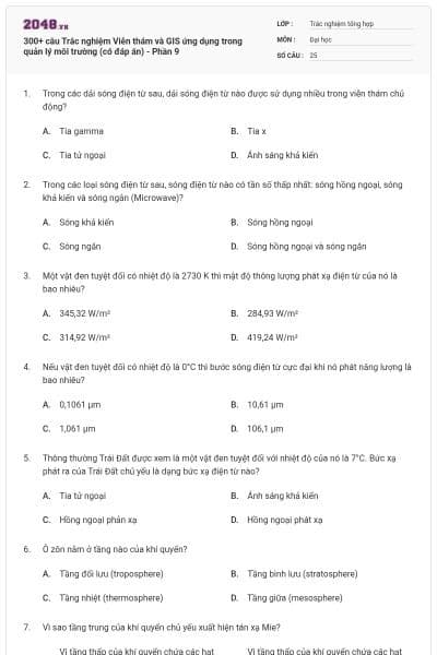 300+ câu Trắc nghiệm Viễn thám và GIS ứng dụng trong quản lý môi trường (có đáp án) - Phần 9