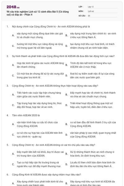 96 câu trắc nghiệm Lịch sử 12 cánh diều Bài 5 (Có đúng sai) có đáp án - Phần 4