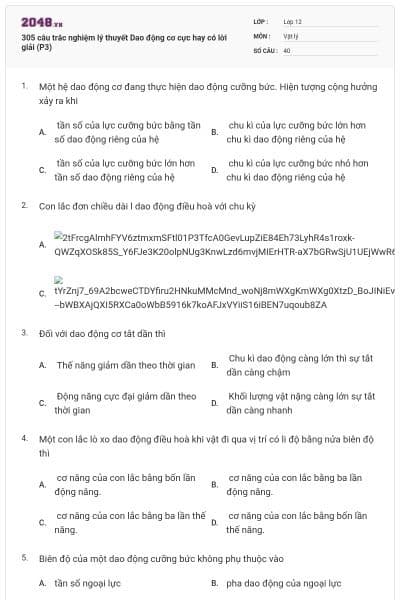 305 câu trắc nghiệm lý thuyết Dao động cơ cực hay có lời giải (P3)