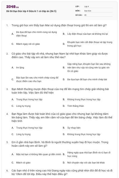 Đề thi Đạo Đức lớp 4 Giữa kì 1 có đáp án (Đề 5)