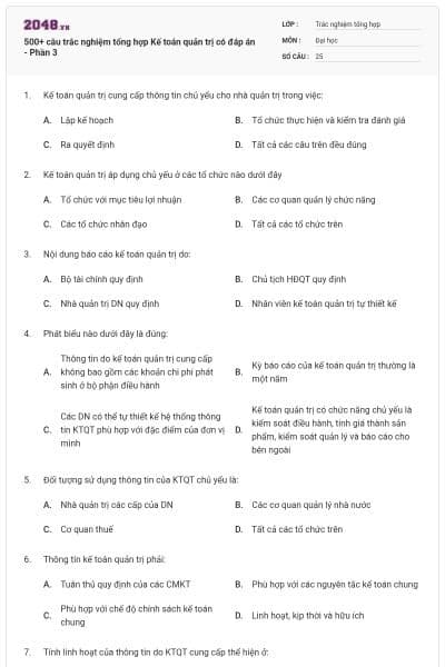 500+ câu trắc nghiệm tổng hợp Kế toán quản trị có đáp án - Phần 3