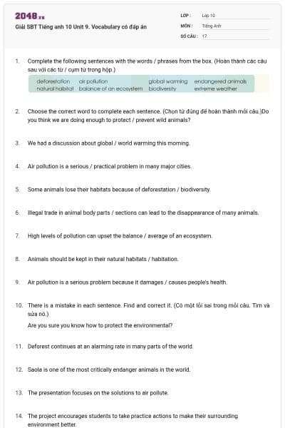 Giải SBT Tiếng anh 10 Unit 9. Vocabulary có đáp án