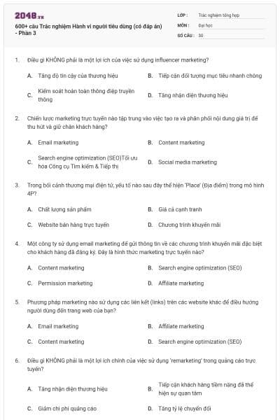 600+ câu Trắc nghiệm Hành vi người tiêu dùng (có đáp án) - Phần 3