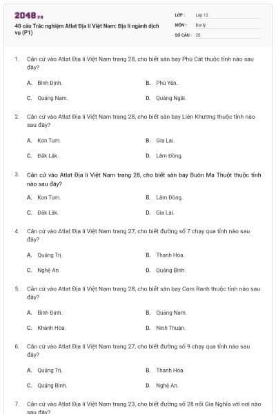 40 câu  Trắc nghiệm Atlat Địa lí Việt Nam: Địa lí ngành dịch vụ (P1)