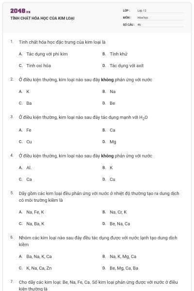 TÍNH CHẤT HÓA HỌC CỦA KIM LOẠI