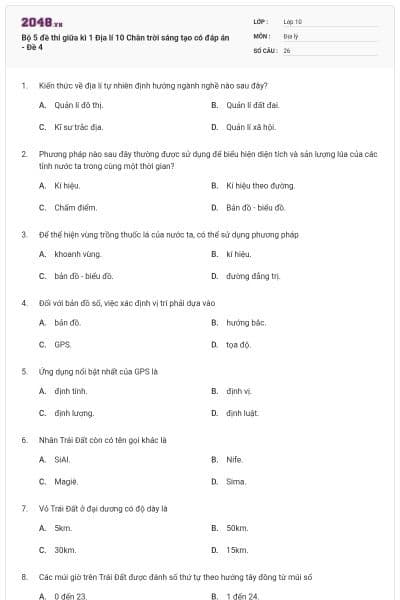 Bộ 5 đề thi giữa kì 1 Địa lí 10 Chân trời sáng tạo có đáp án - Đề 4