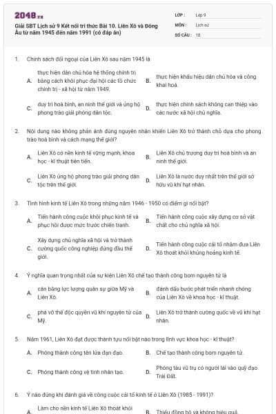 Giải SBT Lịch sử 9 Kết nối tri thức Bài 10. Liên Xô và Đông Âu từ năm 1945 đến năm 1991 (có đáp án)