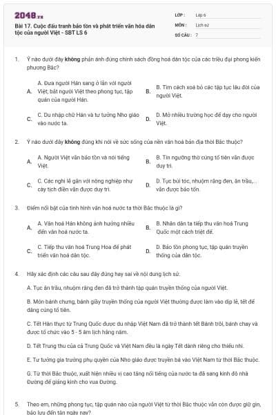 Bài 17. Cuộc đấu tranh bảo tồn và phát triển văn hóa dân tộc của người Việt - SBT LS 6