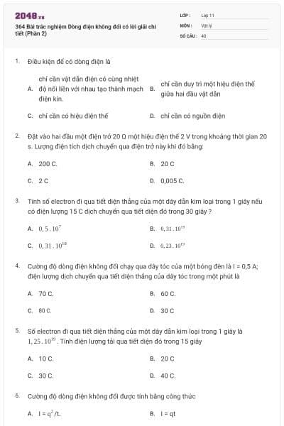364 Bài trắc nghiệm Dòng điện không đổi có lời giải chi tiết (Phần 2)