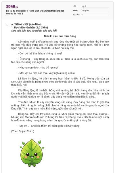 Bộ 10 đề thi cuối kì 2 Tiếng Việt lớp 5 Chân trời sáng tạo có đáp án - Đề 8