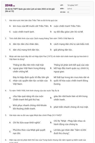 30 đề thi THPT Quốc gia môn Lịch sử năm 2022 có lời giải (Đề số 15)