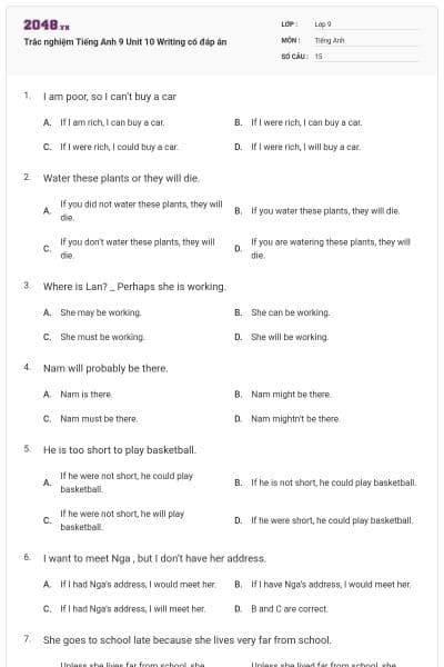 Trắc nghiệm Tiếng Anh 9 Unit 10 Writing có đáp án