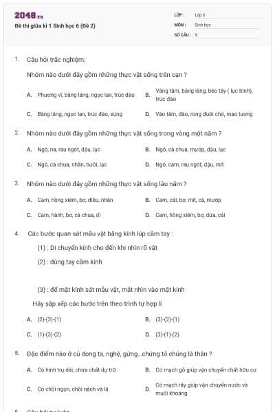 Đề thi giữa kì 1 Sinh học 6 (Đề 2)