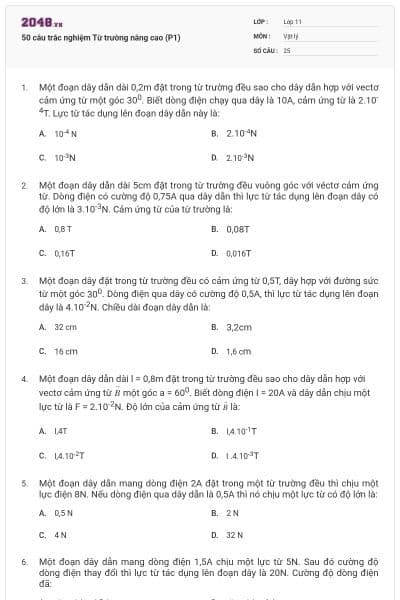 50 câu trắc nghiệm Từ trường nâng cao (P1)