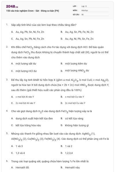 150 câu trắc nghiệm Crom - Sắt - Đồng cơ bản (P4)