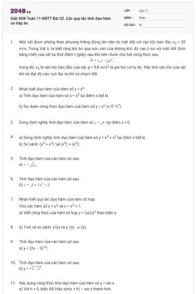 Giải SGK Toán 11 KNTT Bài 32. Các quy tắc tính đạo hàm có đáp án