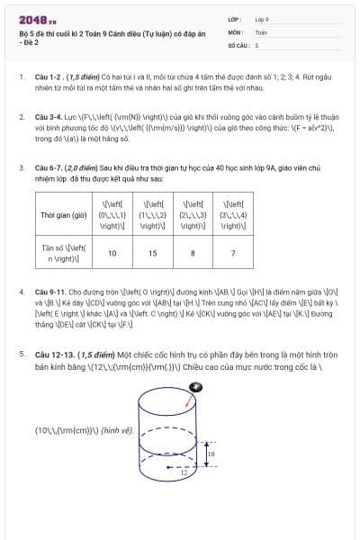 Bộ 5 đề thi cuối kì 2 Toán 9 Cánh diều (Tự luận) có đáp án - Đề 2
