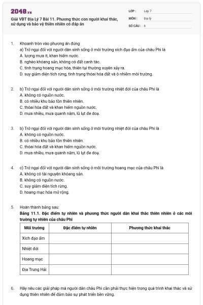 Giải VBT Địa Lý 7 Bài 11. Phương thức con người khai thác, sử dụng và bảo vệ thiên nhiên có đáp án