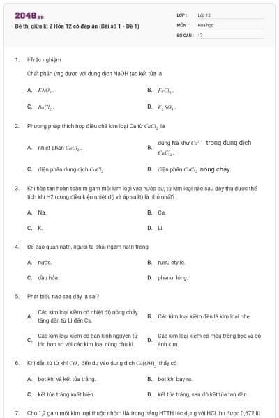 Đề thi giữa kì 2 Hóa 12 có đáp án (Bài số 1 - Đề 1)