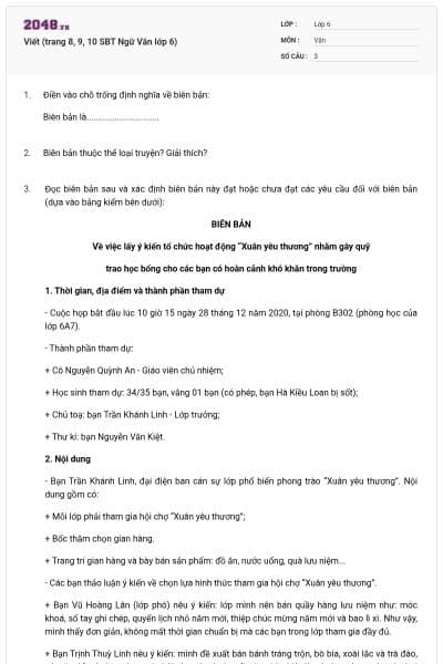 Viết (trang 8, 9, 10 SBT Ngữ Văn lớp 6)