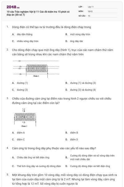 10 câu Trắc nghiệm Vật lý 11 Các đề kiểm tra 15 phút có đáp án (đề số 7)