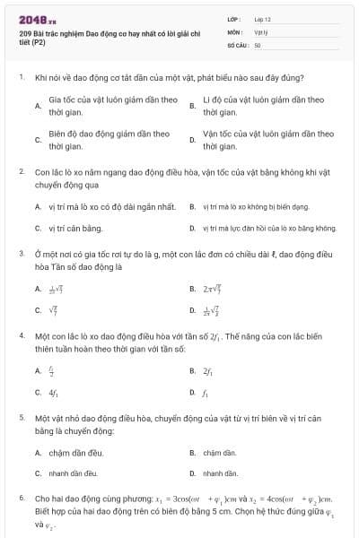 209 Bài trắc nghiệm Dao động cơ hay nhất có lời giải chi tiết (P2)
