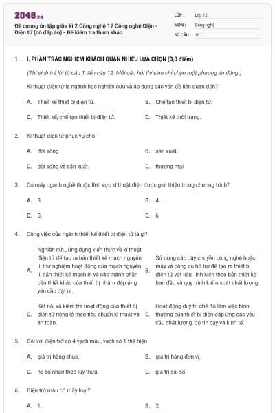 Đề cương ôn tập giữa kì 2 Công nghệ 12 Công nghệ Điện - Điện tử (có đáp án) - Đề kiểm tra tham khảo