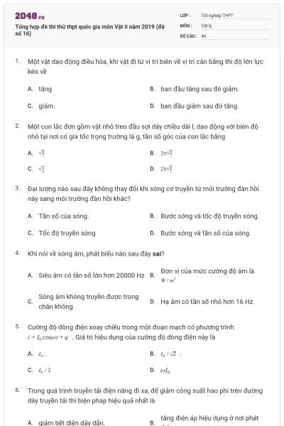 Tổng hợp đề thi thử thpt quốc gia môn Vật lí năm 2019 (đề số 16)