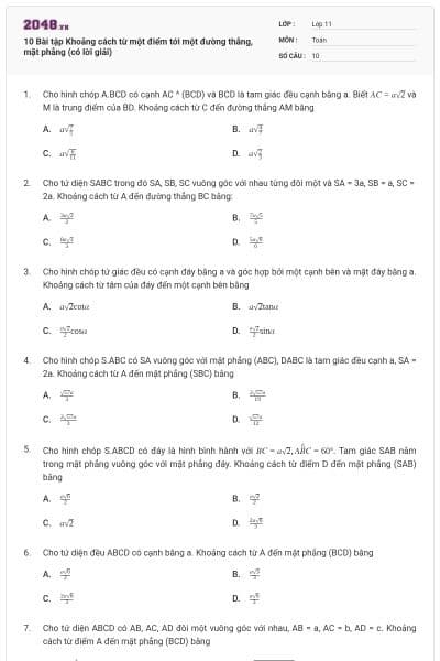 10 Bài tập Khoảng cách từ một điểm tới một đường thẳng, mặt phẳng (có lời giải)