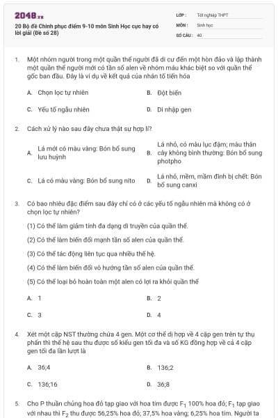 20 Bộ đề Chinh phục điểm 9-10 môn Sinh Học cực hay có lời giải (Đề số 28)