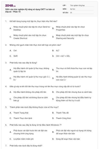 500+ câu trắc nghiệm Kỹ năng sử dụng CNTT cơ bản có đáp án - Phần 10