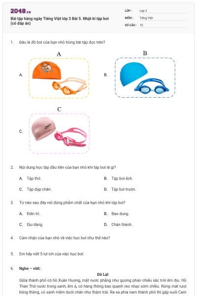 Bài tập hàng ngày Tiếng Việt lớp 3 Bài 5. Nhật kí tập bơi (có đáp án)