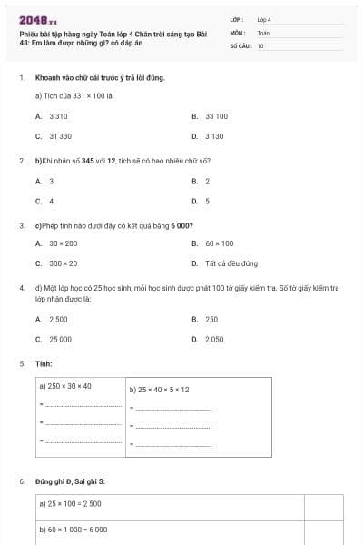 Phiếu bài tập hàng ngày Toán lớp 4 Chân trời sáng tạo Bài 48: Em làm được những gì? có đáp án
