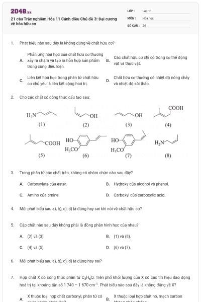 21 câu Trắc nghiệm Hóa 11 Cánh diều Chủ đề 3: Đại cương về hóa hữu cơ