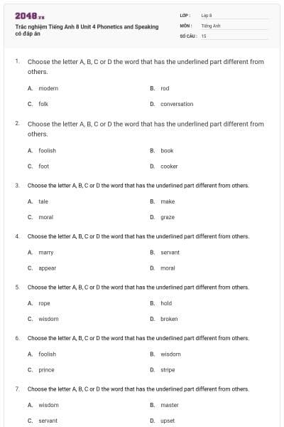Trắc nghiệm Tiếng Anh 8 Unit 4 Phonetics and Speaking có đáp án