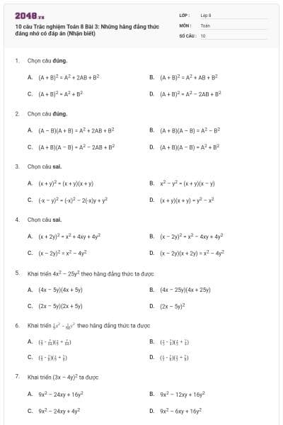 10 câu Trắc nghiệm Toán 8 Bài 3: Những hằng đẳng thức đáng nhớ có đáp án (Nhận biết)