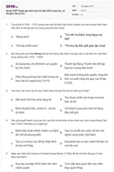 Đề thi THPT Quốc gia môn Lịch sử năm 2022 chọn lọc, có lời giải ( Đề số 20 )