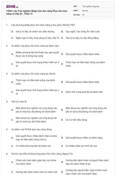 1000+ câu Trắc nghiệm Nhập môn lâm sàng Phục hồi chức năng có đáp án - Phần 31