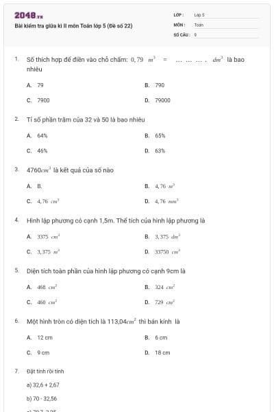 Bài kiểm tra giữa kì II môn Toán lớp 5 (Đề số 22)
