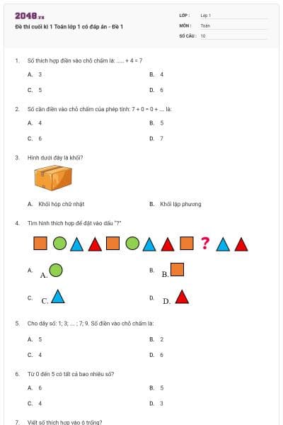 Đề thi cuối kì 1 Toán lớp 1 có đáp án - Đề 1