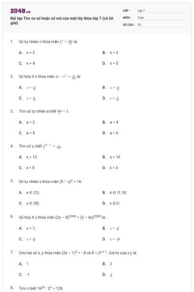 Bài tập Tìm cơ số hoặc số mũ của một lũy thừa lớp 7 (có lời giải)